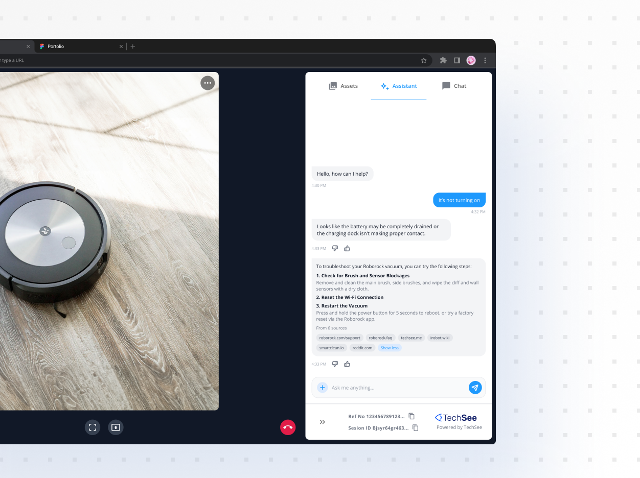 The Assistant tab open in the side panel: conversational troubleshooting steps with cited sources, next to the live video.